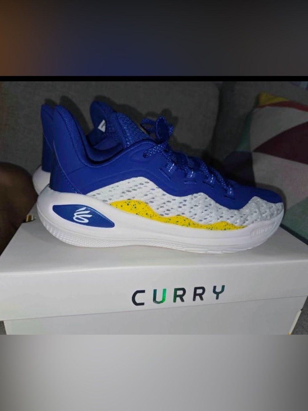 Under Armour  Steph Curry Kids Blue White and Yellow Basketball Sneakers
